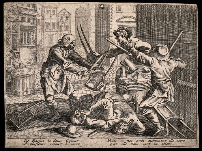 V0019462 A drunken street brawl between four young colporteurs and a Credit: Wellcome Library, London. Wellcome Images images@wellcome.ac.uk http://wellcomeimages.org A drunken street brawl between four young colporteurs and a man, with two accompanying couplets. Etching, 16th century (?). Published:  -  Copyrighted work available under Creative Commons Attribution only licence CC BY 4.0 http://creativecommons.org/licenses/by/4.0/