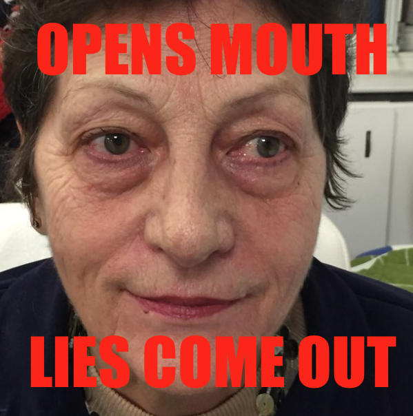 Sabine-OPENS MOUTH LIES COME OUT