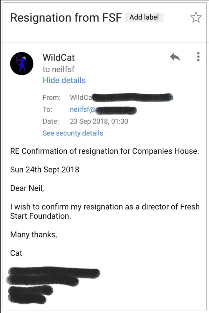 Cat Scot 2018-09-23 Fresh Start Foundation resignation